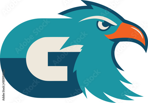Stylized eagle head integrated with letter g, teal and orange