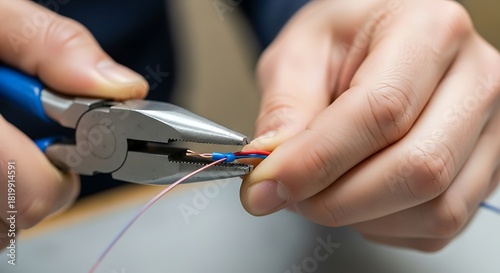 Close-up image showcasing an electrician's hands working with pliers on wires