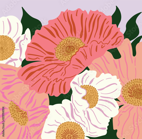 Pink and white floral illustration in modern colorful botanical style