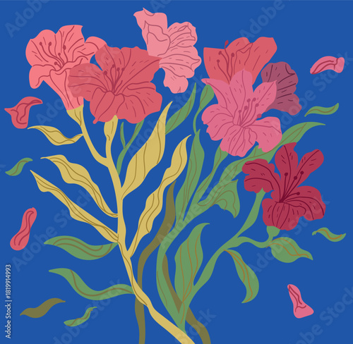 Vibrant pink floral illustration on bold blue background in modern botanical style