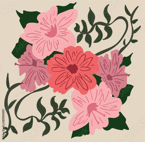 Pink floral composition in modern colorful botanical illustration