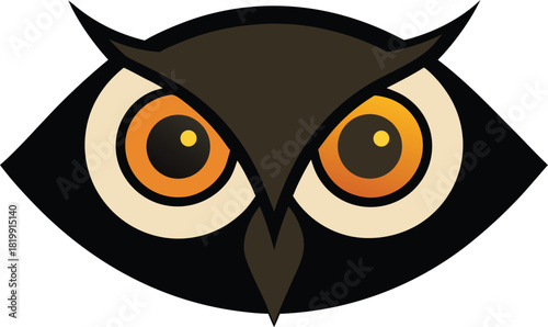 Stylized owl face with large orange eyes against an orange background