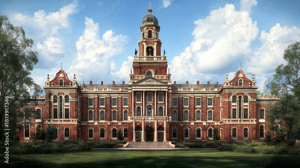 Fototapeta premium Grand Brick Building with Central Tower under Partly Cloudy Sky