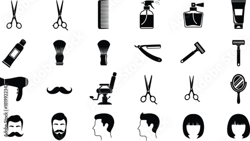 barber shop icons, grooming tool vector, hair styling silhouettes, male female profiles, beauty care graphics, cad drawing flat vector illustration