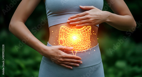 Woman Holding Abdomen with Glowing Digital Intestine