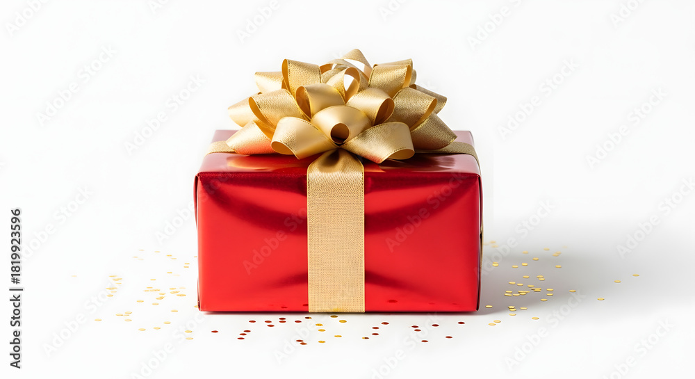 Obraz premium Vibrant red gift box with golden bow and confetti, perfect for holiday promotions, birthday surprises, or elegant celebration designs and festive occasions Generative AI