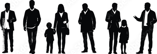 Family figures, adult and child, casual clothing, walking pose, black silhouette, social interaction, cad drawing flat vector illustration