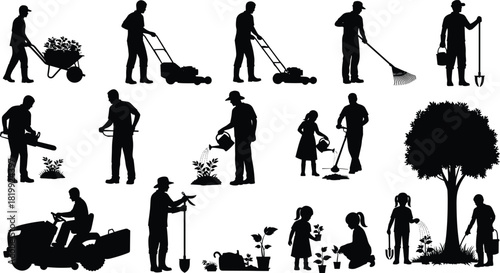 Gardening activity, lawn mowing, planting flowers, watering plants, leaf blowing, child gardener, black silhouette, cad drawing flat vector illustration