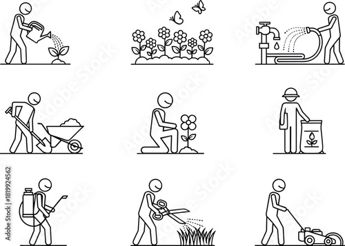 Gardening activity, garden tools, watering plants, planting flowers, mowing grass, black outline style, cad drawing flat vector illustration