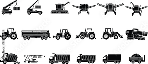 Agricultural machinery, industrial vehicles, tractor icons, combine harvester, irrigation system, dump truck, silhouette set, black vector, cad drawing flat vector illustration