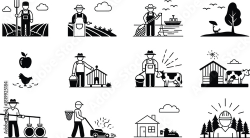 Farming and Agriculture Solid Icon Vector Set, Farmers, Livestock, Crops, Fishing, and Rural Life Symbols Black Graphic Collection.