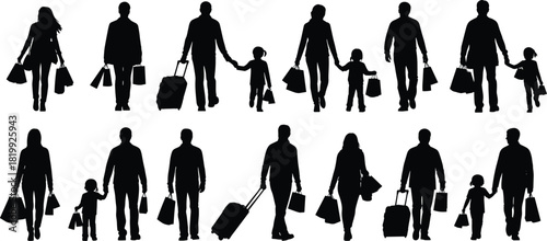 People Shopping and Travel Silhouette Vector Bundle, Men, Women, and Children Carrying Bags, Suitcases, and Luggage Icons Set.