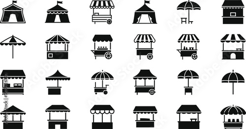 Market Stalls and Festival Booths Solid Icon Vector Bundle, Vendor Carts, Food Kiosks, Tents, and Umbrella Shops Black Silhouette Set.