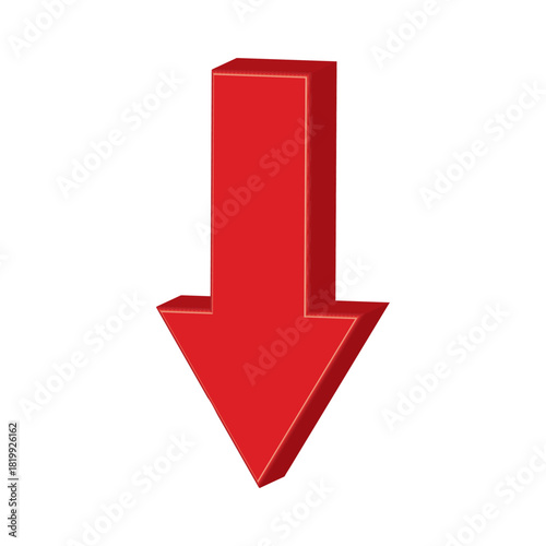 Red 3D arrow pointing down on white background. Bankruptcy or financial market crash icon for your website, logo, app, or UI design. Downward graph chart symbol. Chart going down sign. EPS 10.