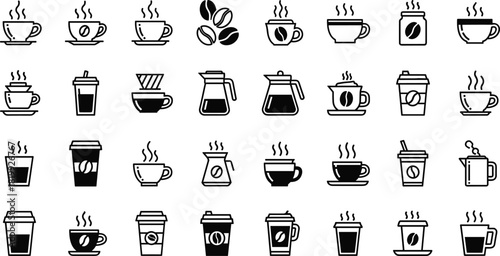 Coffee Icon Silhouette Vector Mega Bundle, Cups, Mugs, Takeaway Containers, Coffee Beans, and Brewer Equipment Symbols for Cafe Menu Design.