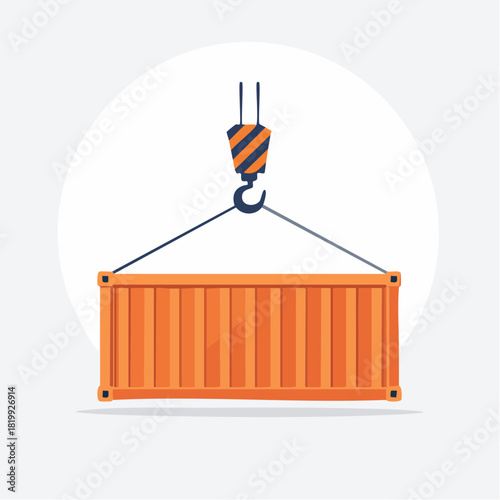 Orange Shipping Container Lifted by Crane Hook.