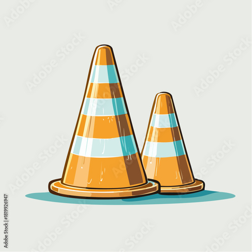 Pair of Orange and White Striped Traffic Cones Side by Side.