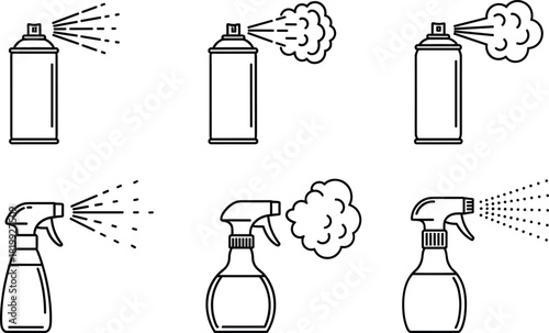 Spray Bottle and Aerosol Can Icon Vector Set, Outline Graphics of Trigger Sprayer and Nozzle Mist, Cleaning, Air Freshener, and Paint Application Symbols.