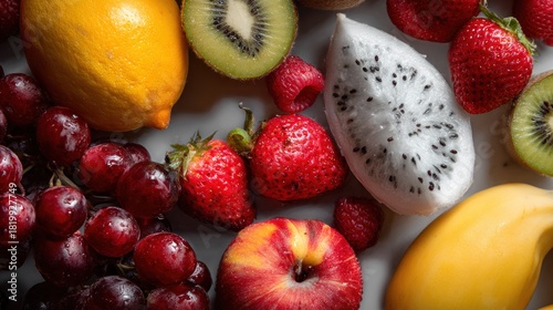 Vibrant Assortment of Fresh Fruits Displaying Textures and Colors on Table