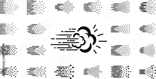 Speed, Motion, and Dash Line Icons Vector Set, Fast Movement, Dust Trails, Smoke Cloud, Burst, and Acceleration Effects, Dynamic Velocity Graphic Elements.