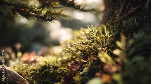Enchanting Forest Floor Detail with Sunlit Evergreen Fronds and Earthy Moss