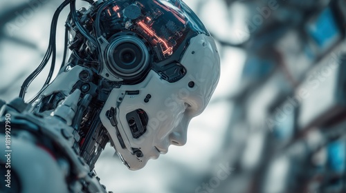 Advanced humanoid robot with complex internal systems, future technology