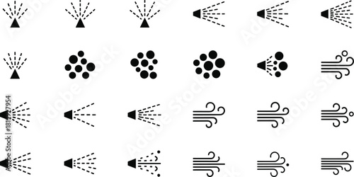 Spray, Mist, Steam, Air, and Wind Icons Vector Set, Nozzle and Atomizer Symbols, Water Vapor, Perfume, Sprinkle, and Odor Graphics, Solid Black Design.