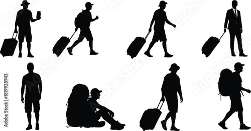 Diverse Collection of Male Traveler Silhouettes Vector Illustration Set, Featuring Men with Rolling Luggage, Backpacks, and Passports, Ideal for Tourism, Vacation, and Business Travel Graphics