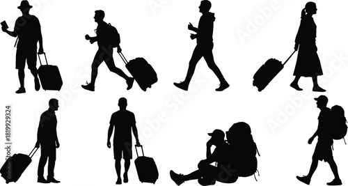 Diverse Collection of Travelers Silhouette Vector Illustration Set, Featuring Men and Women with Rolling Luggage, Backpacks, and Passports, Ideal for Tourism, Vacation, and Airport Graphics