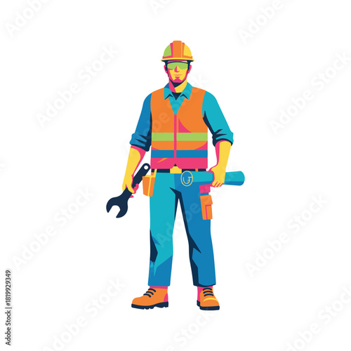 Confident construction worker with blueprint and wrench ready for work, showcasing expertise and modern design for building and industrial projects needs