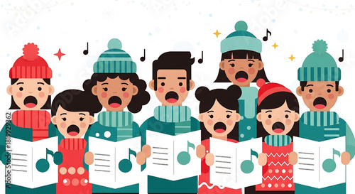 Christmas Caroling Kids Choir Cartoon Illustration Vector Graphic