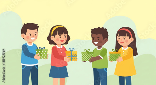 Children exchanging gifts illustration celebrating friendship and giving
