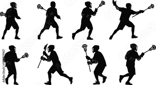 Dynamic Collection of Lacrosse Player Silhouettes Vector Illustration Set, Featuring Athletes in Various Running, Catching, and Throwing Action Poses for Sport and Competition Graphics