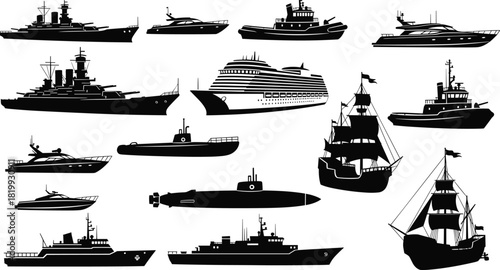 Extensive Vector Collection of Ship Silhouettes, Featuring Diverse Vessels like Battleships, Yachts, Tugboats, Submarines, and Sailing Ships, Ideal for Nautical and Naval Graphics