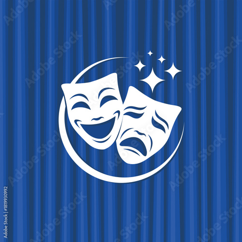 icon of comedy and tragedy theatrical masks with blue curtains
