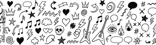Collection of black and white doodle icons with music notes, hearts, stars and other graphic elements
