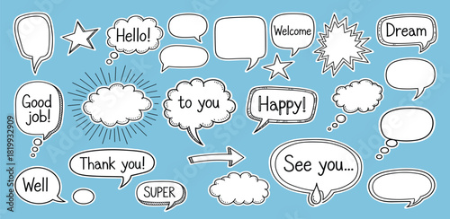 Set of various hand-drawn comic style speech bubbles and thought clouds with positive messages