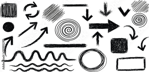 Creative collection of hand-drawn sketch elements featuring various arrows, spirals, and abstract shapes with a rough doodle texture