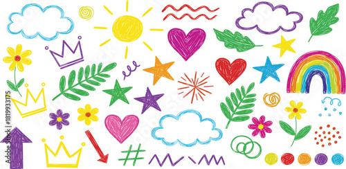 A whimsical collection of colorful, childlike crayon and chalk doodles featuring suns, rainbows, hearts, and stars for creative design