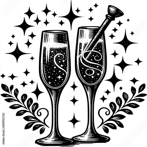 Cheers of Celebration: Two champagne flutes clink together, an emblem of festivity and joy. The engraved design exudes an aura of glamour and sophistication, as if poised for a celebratory toast.