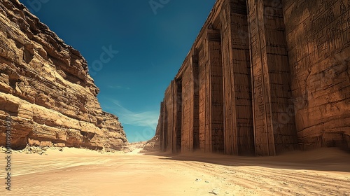 Explore ancient Egypt's mysteries, desert landscape with monumental architecture under clear blue skies