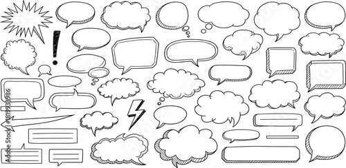 Collection of Hand-Drawn Speech Bubbles and Thought Balloons for Communication and Design Elements