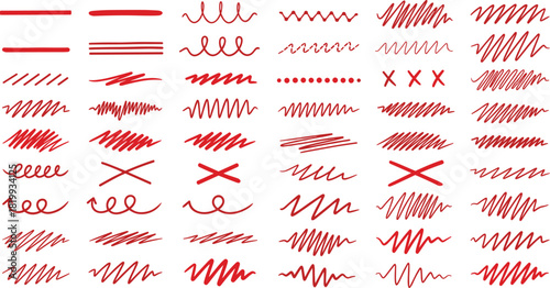 Collection of red scribbled lines, zigzags, crosses, and abstract brush strokes for graphic design elements