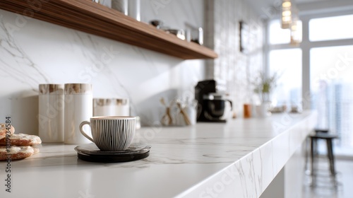 Wallpaper Mural Morning Bliss: Coffee Cup on Modern Kitchen Counter with Marble Backsplash Torontodigital.ca