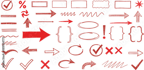 Hand-Drawn Red Elements Arrows, Checkmarks, Boxes, and More for Design