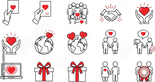 A collection of outline icons illustrating themes of charity, love, relationships, community support, and global unity