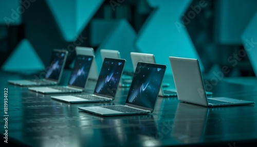 Sleek arrangement of silver laptops on a reflective surface in a modern tech environment, copy space
