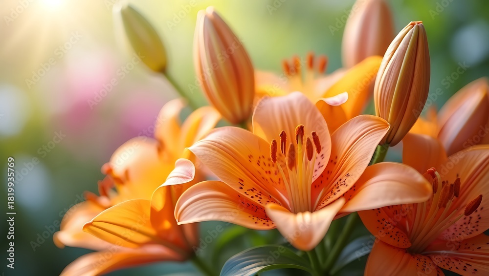 Obraz premium Vibrant Orange Tiger Lilies Blooming with Gentle Sunlight in a Garden