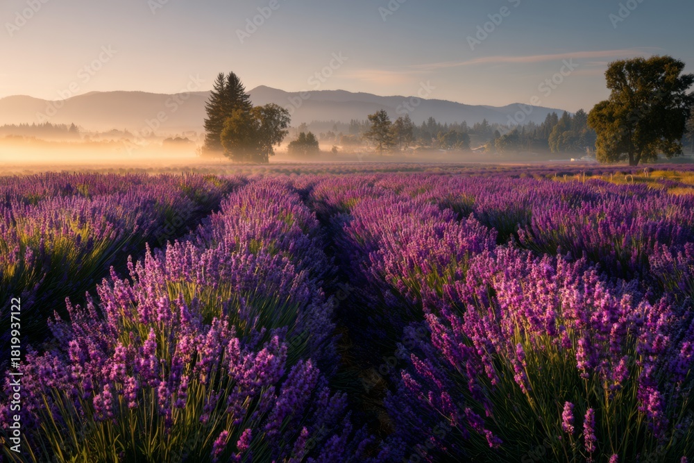 Fototapeta premium Wide lavender field glowing with early sunlight and thin fog.