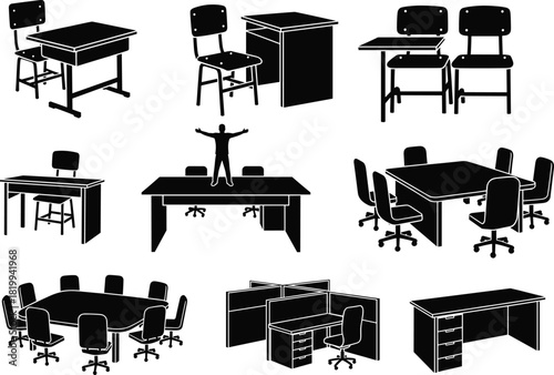 Black silhouette of office and classroom furniture arrangements including desks, chairs, tables, cubicles, and meeting setups for layout design.